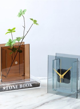 现代简约玻璃茶色蓝n色透明方形时钟座钟桌面摆件样板间软装饰品