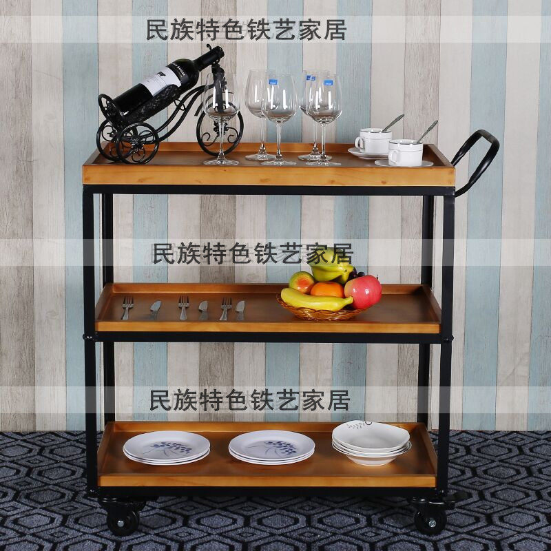铁艺实木餐车酒水车复古餐厅手推车移动车酒架酒店餐饮餐盘收集车