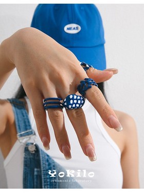 新款可爱多巴胺戒指甜美蓝白撞色波点造型手工P滴油珐琅戒指女小