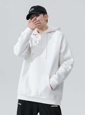 连帽卫衣男港风秋冬加绒连帽卫衣男灰色百K搭基础款连帽外套帽衫