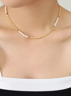 简约时尚欧美ins风气质不掉色铜材质淡水M珍珠扁豆拼接项链首饰品