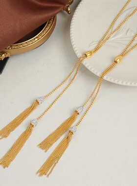 新款时尚简约个性小众设计钛钢z镀18K金镶钻流苏毛衣链项链饰品女