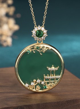 天然冰种玉髓镶i嵌吊坠挂件翡翠色满绿阳绿圆形山水无事牌男女项