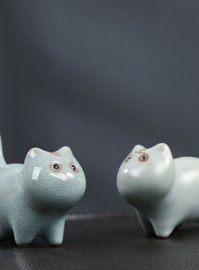 哥窑小老虎摆件可养瑞兽创意精品可爱茶宠茶道台办公桌面配件招财