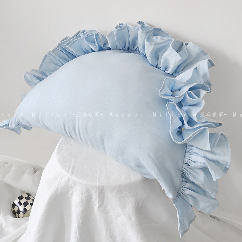 大饺子亚麻靠枕含芯腰枕 法式荷叶边半圆汉麻抱枕 办公室客厅实用