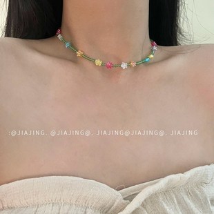 srrmhyn夏日新款 彩色花朵串珠项链IN风甜美小清新气质高级感锁