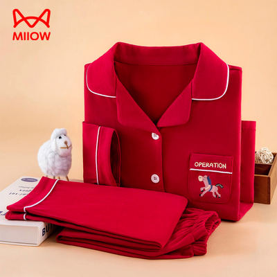 猫人儿童睡衣纯棉男童新款红色