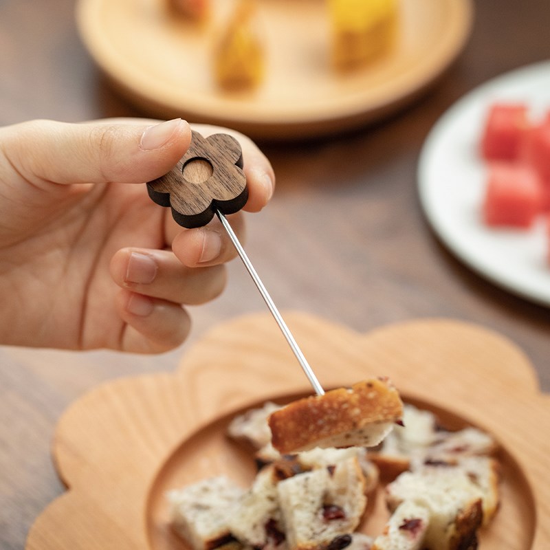 日式花朵水果签可爱原木甜品叉子果子签不锈钢蛋糕甜品叉家用套装