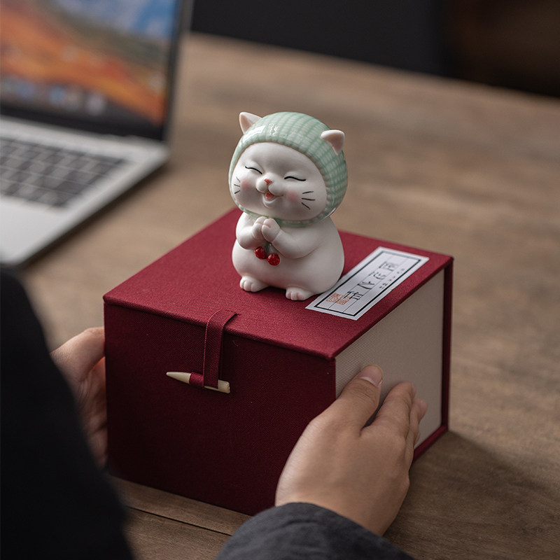 可爱卡通陶瓷招财许愿猫咪小摆件客厅办公室桌面装饰汽车载工艺礼