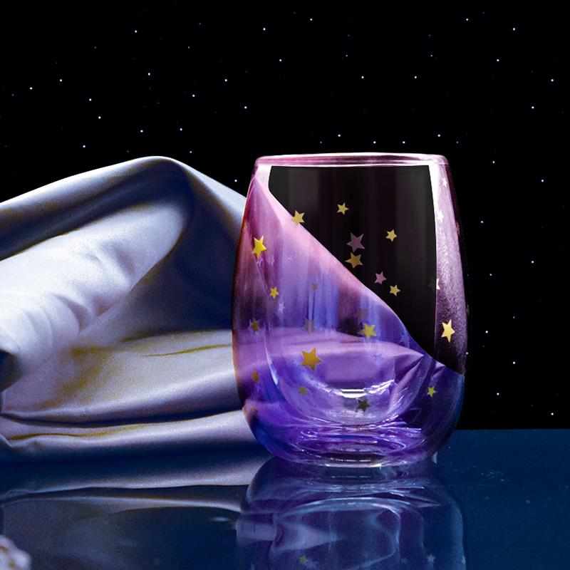 胖璃小仙贝 水晶矮杯子圆杯口圆形双层水杯玻璃杯 星空女彩色大肚