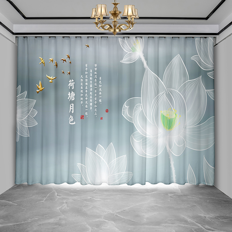 中国风新中式禅意山水荷花窗帘客厅卧室轻奢荷塘月色古.风隔断纱
