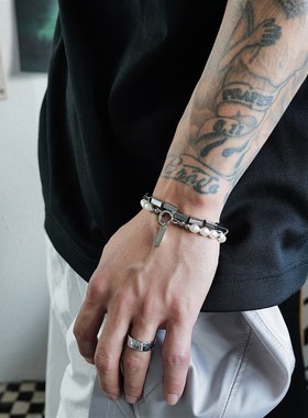 SAZ 金属方块珍珠手链男女双层B叠戴简约冷淡风手饰钛钢百搭可调