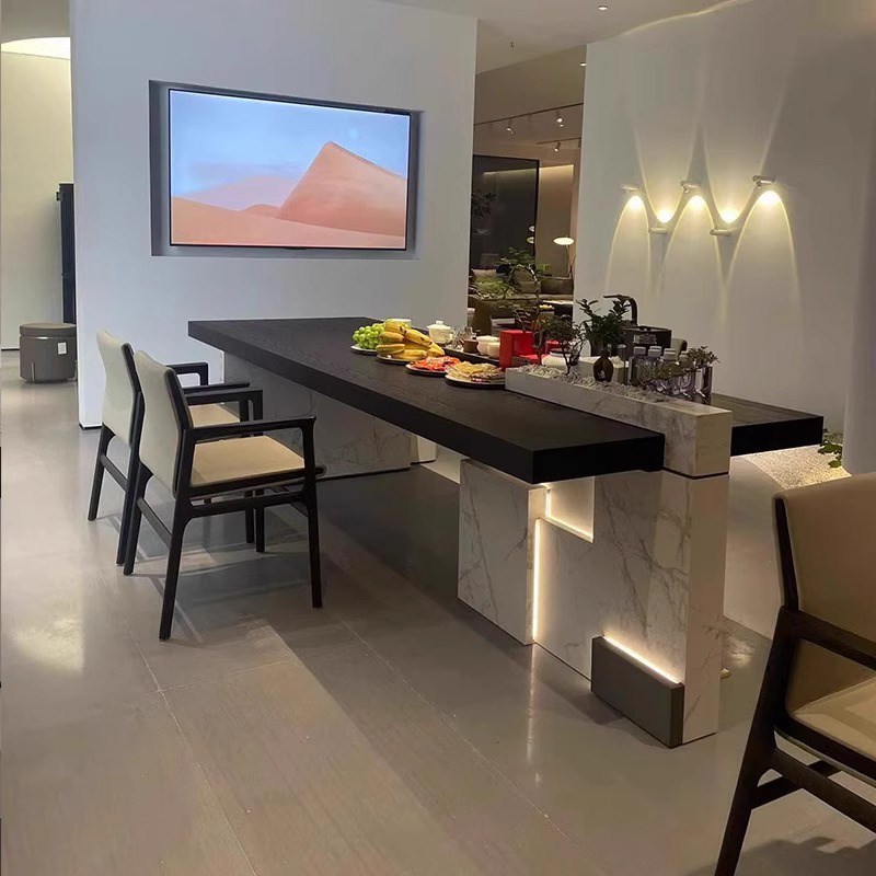 新中式实木茶几椅组合板岩简约茶室办公室家庭客厅W黑胡桃木茶几