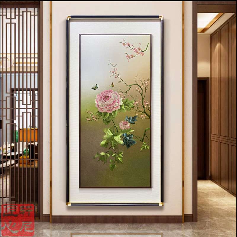 织锦刺绣牡丹装饰画富贵同春玄关挂画新中式苏绣轻奢迎门过道成品图片