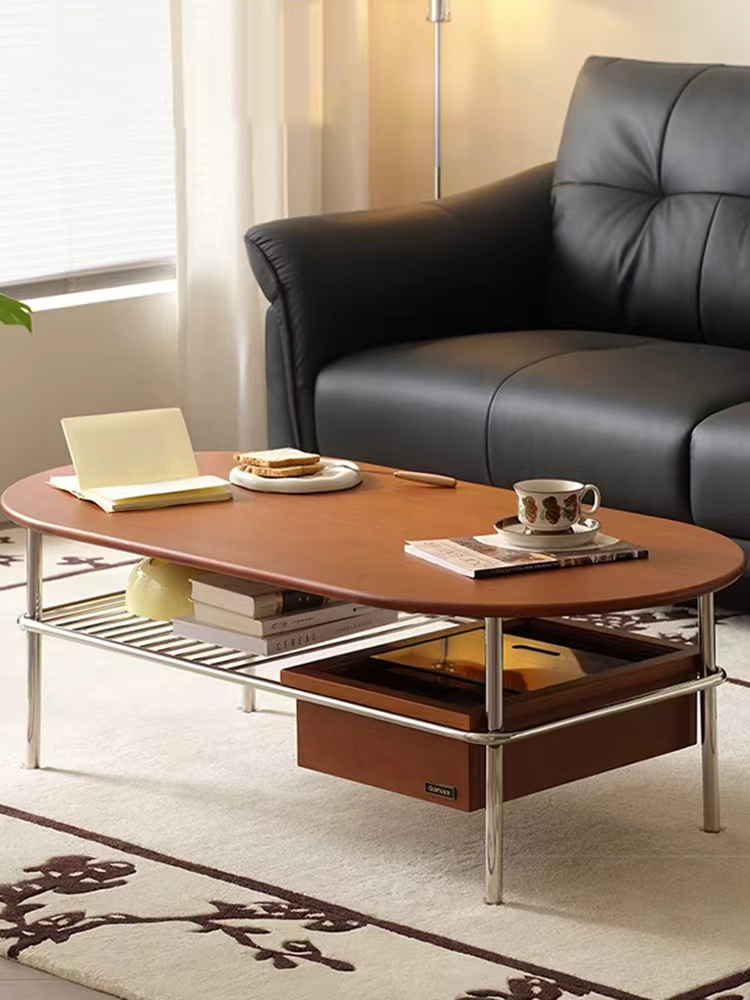 北欧覆古实木茶几小户型客厅小桌子日式简约不锈钢椭圆形茶桌