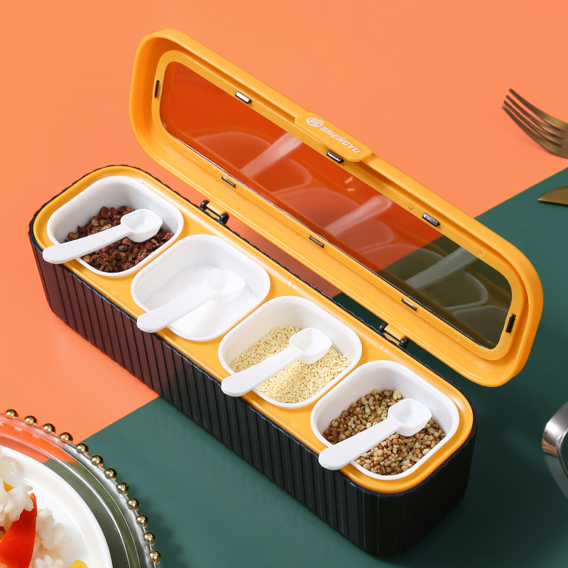 调味罐4格带勺收纳盒香料家用厨房用品防潮油盐罐调料盒盐糖罐子