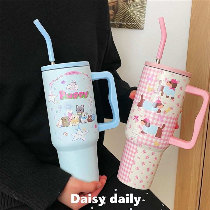 原创星星小狗1.k2L大容量吸管随行冰霸杯水杯304不锈钢保温保冷杯