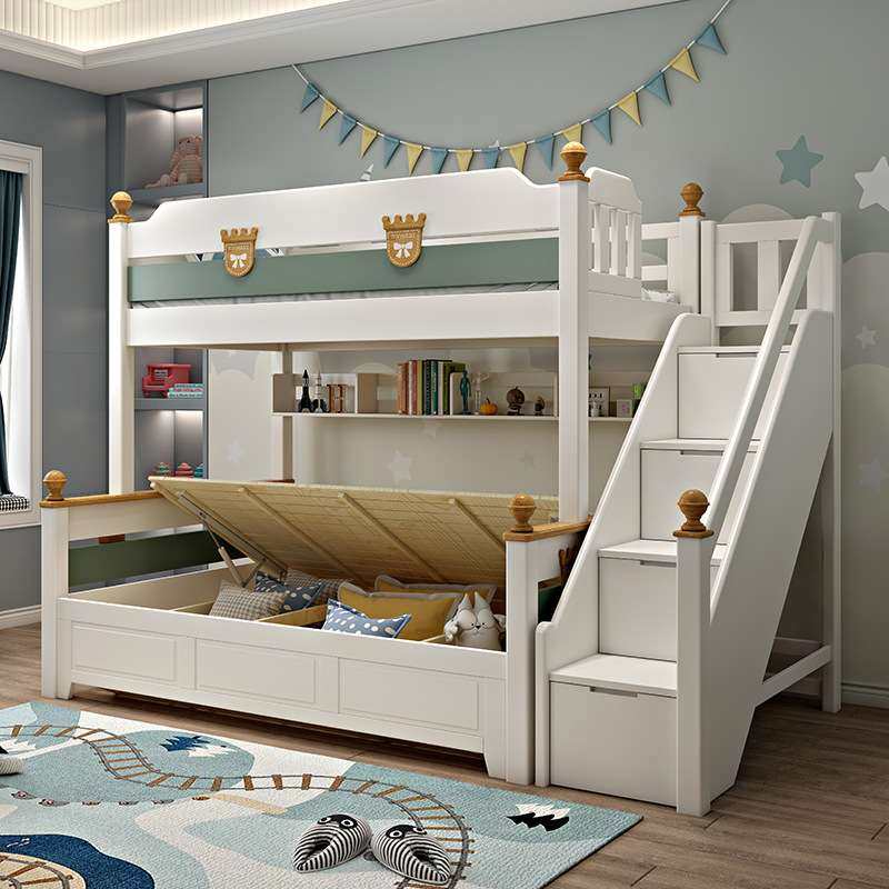 儿童简约全实木高低床双层床高箱白色上下床书架多功能组合子母床