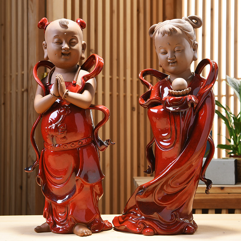 曾国清大师纯手工陶瓷善财童子龙女金童玉女观音菩萨佛像家用摆件