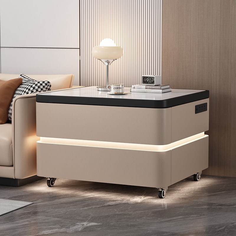 正方形沙发边几轻奢高级感实木岩板边柜智能灯带储物客厅茶几边桌