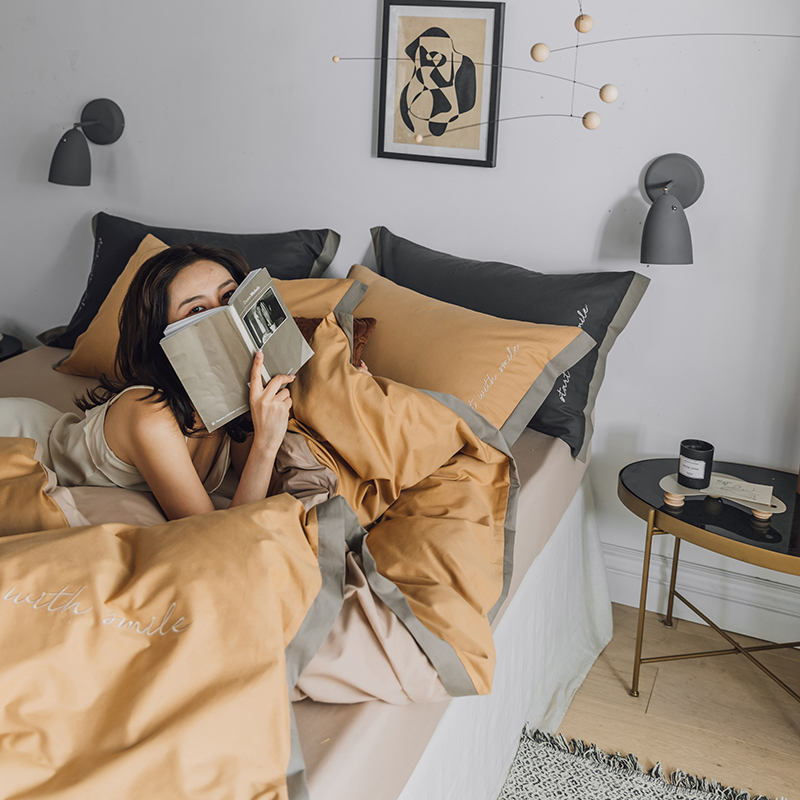 北欧风ins纯棉四件套全棉刺绣纯色2022春夏新款床单笠式被套床品