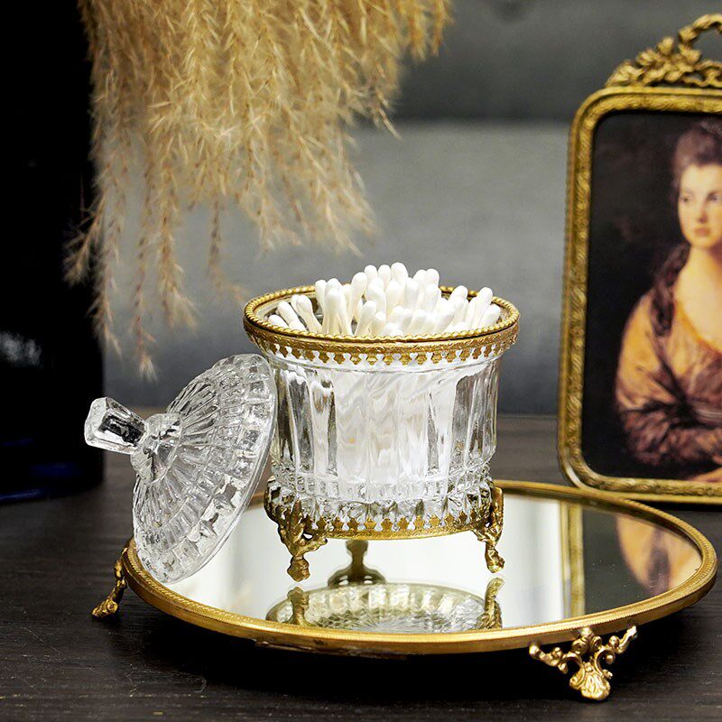 费灵家居欧式复古印度进口奢华黄铜玻璃盖子收纳罐棉签罐小号糖罐