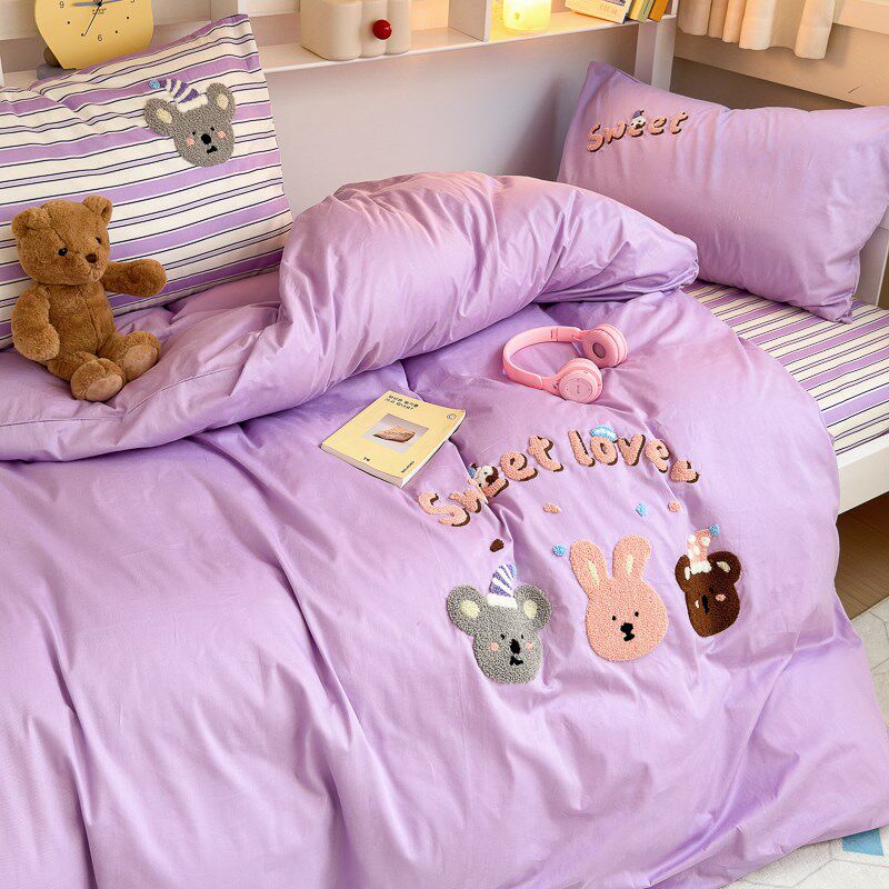 全棉紫色女童一米三五母子1米35床上女孩子四件套135米床笠三件套