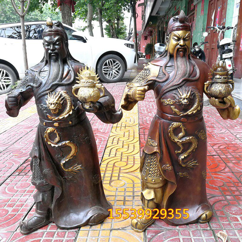 纯铜关公像手托聚宝盆关公铜像立刀关羽战将S镇宅招财铜器摆件