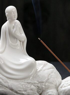 瓷语堂白瓷禅意境空间装饰摆件新中式茶道茶室家居香插坐岩小沙弥