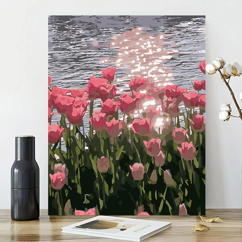 数字油画填充郁金香卉手工填涂色装饰画手绘丙烯减压油彩画
