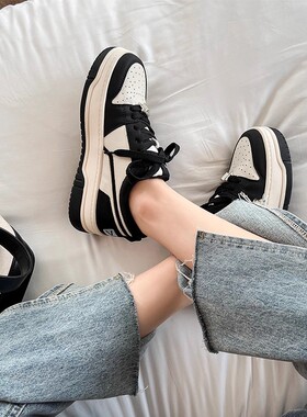 手工牛皮~大叔家真皮厚底休闲小白鞋女加绒春季黑白运动熊猫板鞋