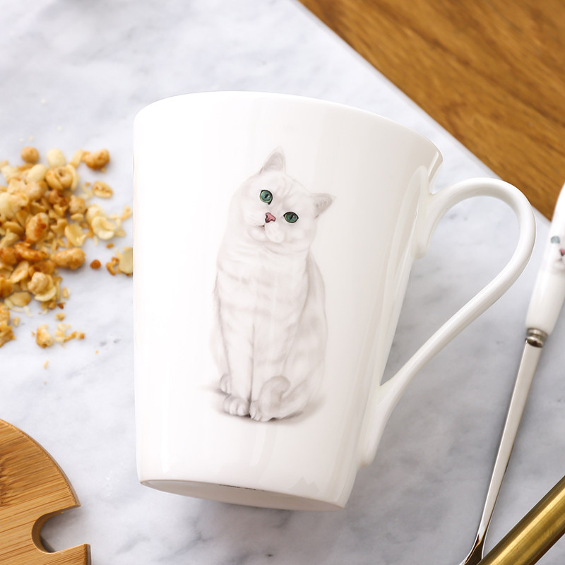 银渐层小猫咪大容量马杯子带盖咖啡早餐杯爱骨瓷水杯