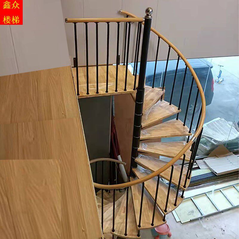 中柱梯直梁实木踏步钢木扶手立柱整体圆弧形安装