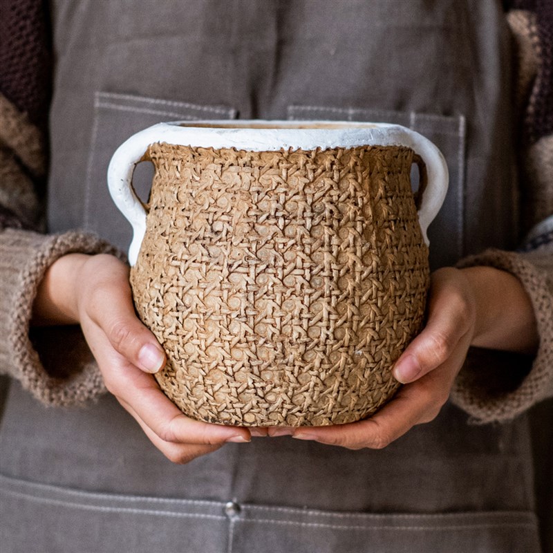掬涵水泥耳花盆古朴编织效果创意花器百搭绿植盆栽多肉阳台花园
