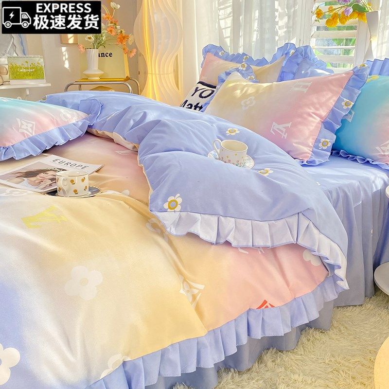 网红款加厚全棉四件套韩版少女心公主风双人被套牀裙牀单牀罩