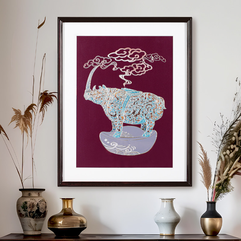 新中式入户玄关装饰画走廊过道挂画手工錾刻牛气冲天铜雕画高级感