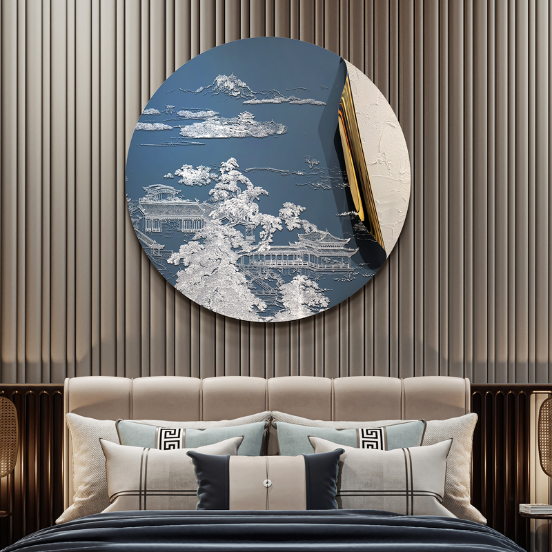 新中式入户玄关圆形实物立体装饰画酒店走廊挂画样板房茶室浮雕画