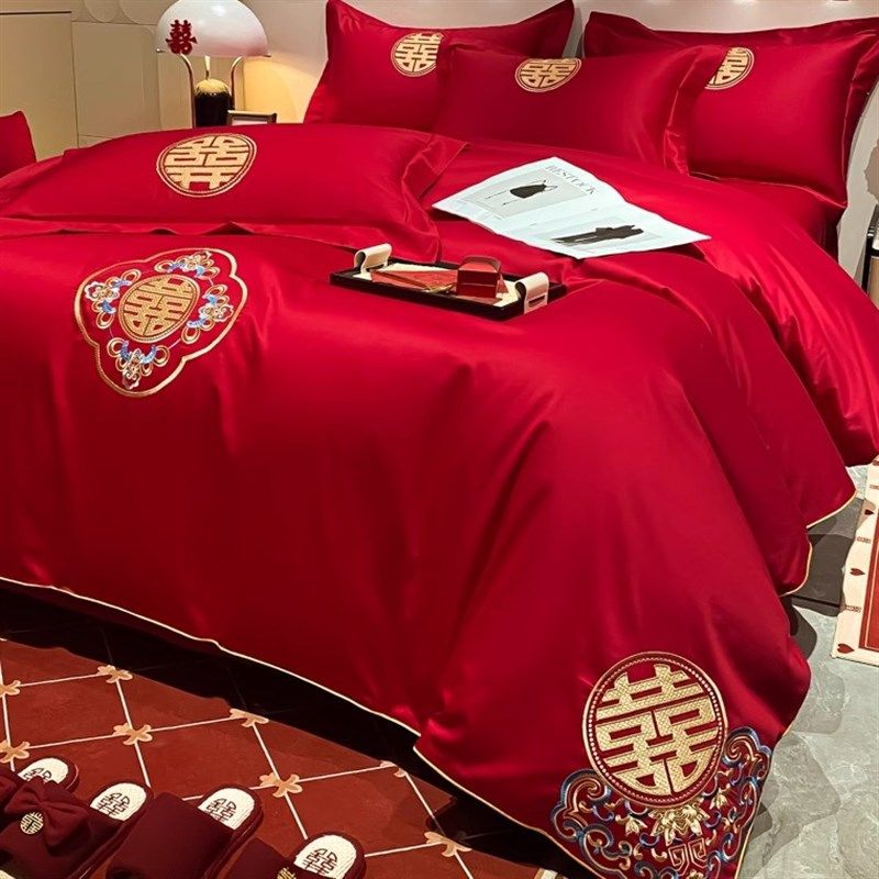 新中式全棉大红色婚庆四件套龙凤刺绣被套结婚嫁床上用品
