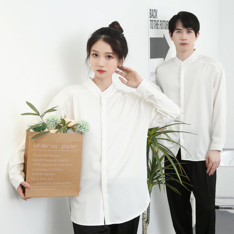 定制长袖衬衫印logo图案大码衬衣宽松西餐厅咖啡馆奶茶工作服班服图片