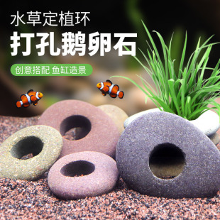 水草固定种植环天然鹅软石钻孔打孔鱼缸造景装饰石头躲避洞底座