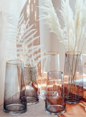 描金玻璃花瓶摆件轻奢北欧插花摆设 T型简约插干花的灰色金边花瓶