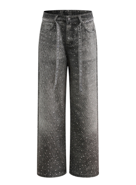 DESIGNSECRETS 25FW满钻水钻宽松直筒牛仔裤男潮牌飘绳腰带阔腿裤