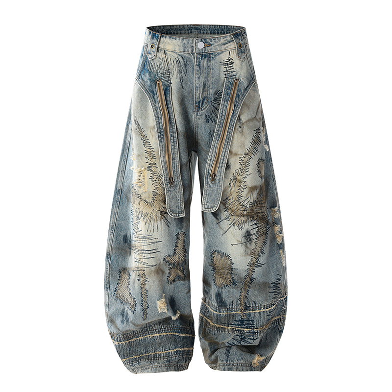 DESIGNSECRETS 25FW美式重工弯刀牛仔裤男潮牌乱针刺绣污渍裤子潮