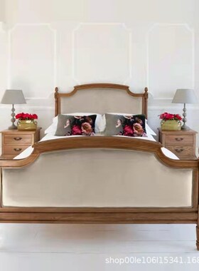 美式雕花复古做旧古典实木软包白绿色布艺软靠卧室酒店民宿双人床