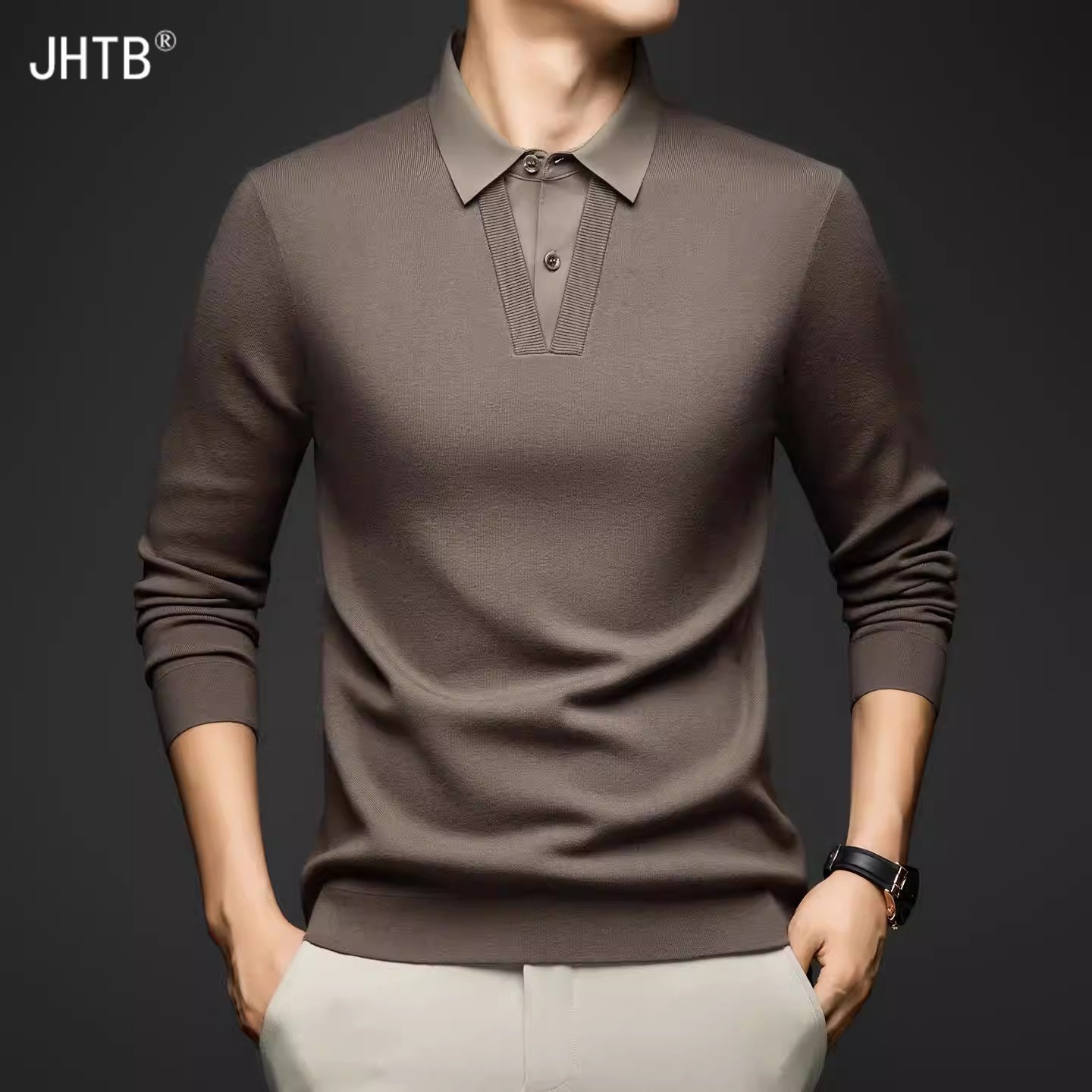 长袖T恤男衬衣领针织衫春秋季休闲体恤叠穿打底衫 含桑蚕丝假两件