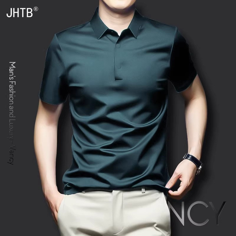 短袖T恤男高端丝绸感真冰丝新款春秋冰感无痕POLO衫商务高级男装