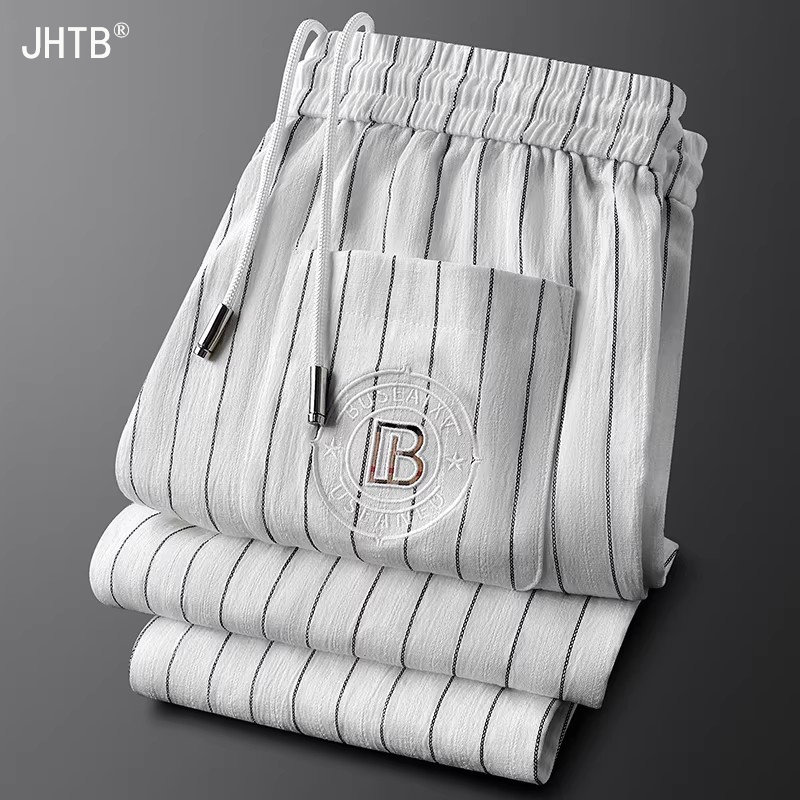 休闲裤男夏季薄款轻奢竖条纹修身帅气小直筒裤男士松紧腰运动裤子