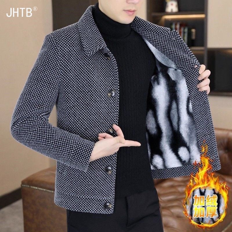 冬季保暖金貂绒毛呢大衣男翻领加绒高档短款时尚舒适呢子夹克外套