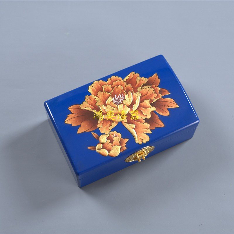 漆器木质首饰盒带锁漂金漆彩绘简约收纳盒生日婚庆礼品包装盒