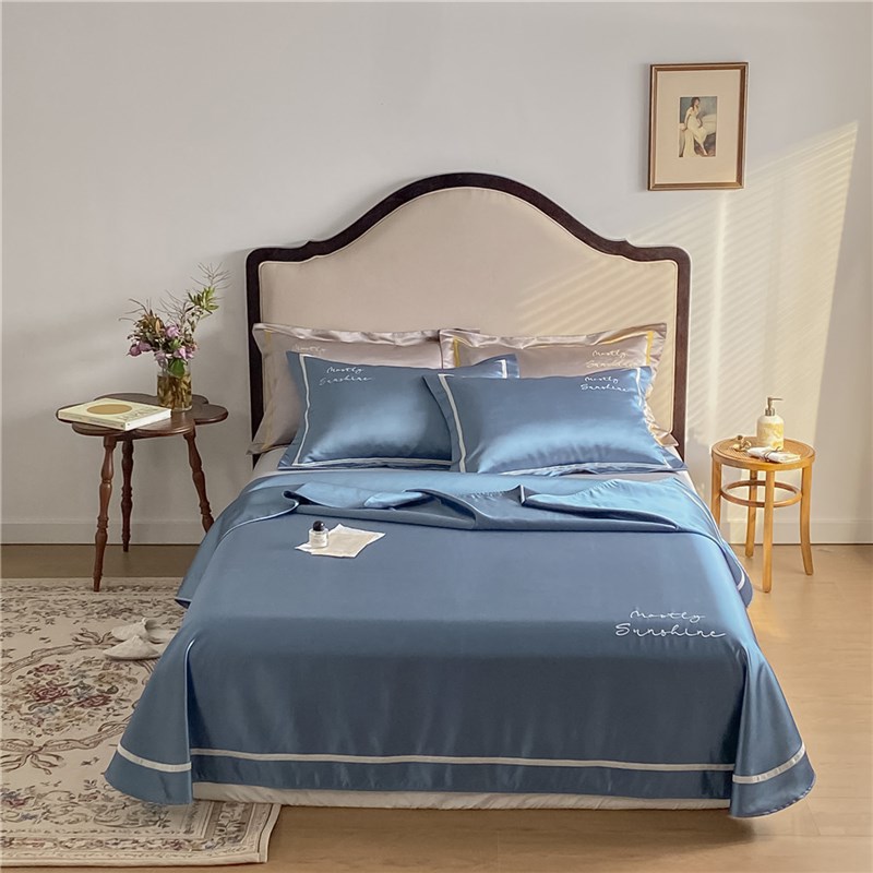 夏季珍珠丝凉席三件套简约纯色绣花床单款可水洗冰丝席空调席